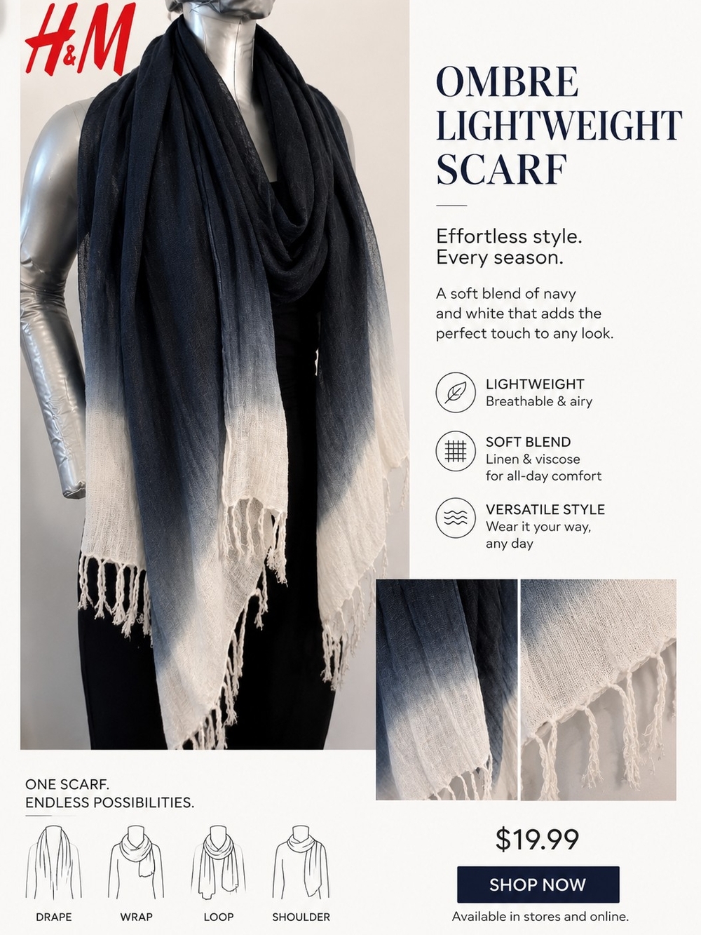 H&M Ombre Lightweight Scarf in Navy and White Ombre